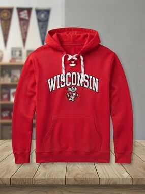 Red Wisconsin Lace-Up Hoodie with Mascot Patch